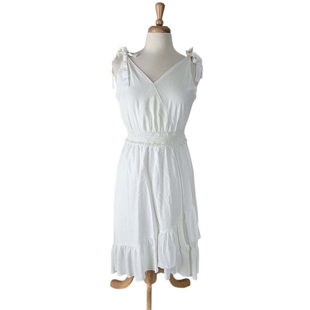 Jasambac White Tie Shoulder Midi Dress Asymmetrical Ruffled Hem L Smocked Waist